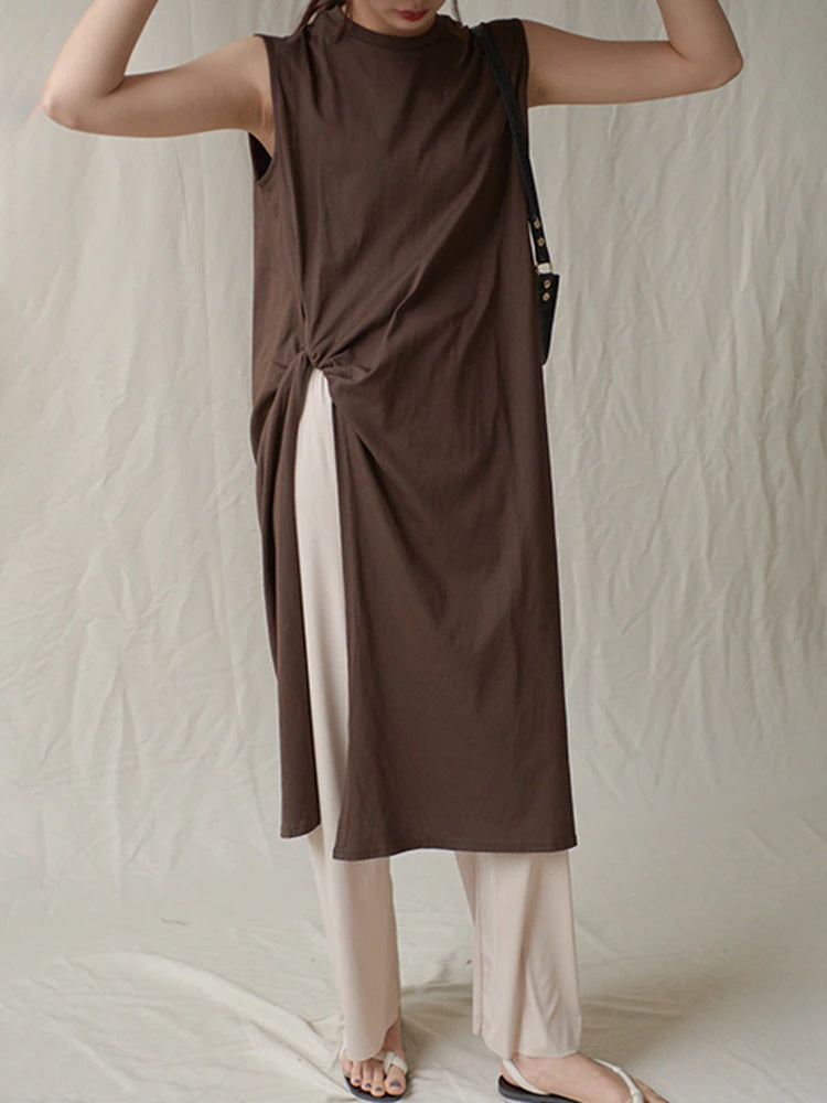 Sleeveless Long Crew Neck Tee w/ Side Slit and Knot Detail in Coffee