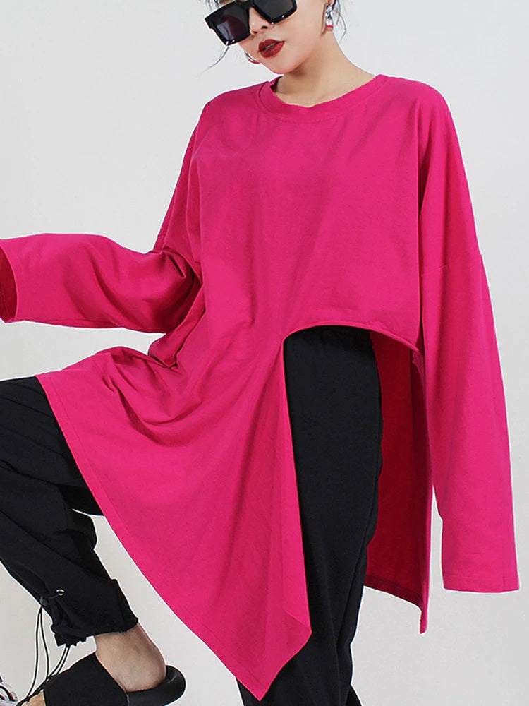 Long Sleeve Tee with Side Cut-Out Round Neck in Rose