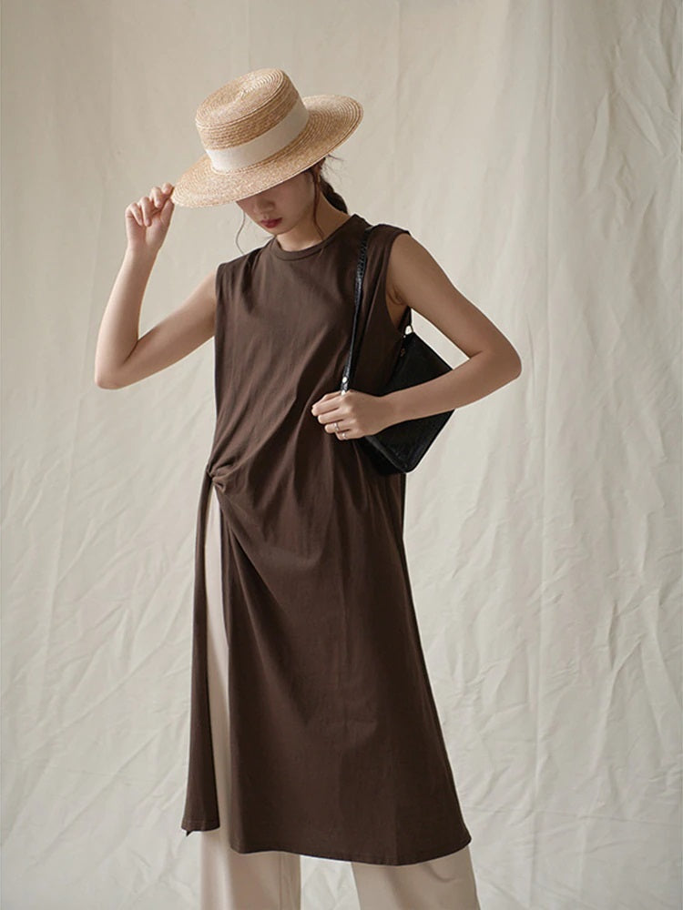 Sleeveless Long Crew Neck Tee w/ Side Slit and Knot Detail in Coffee