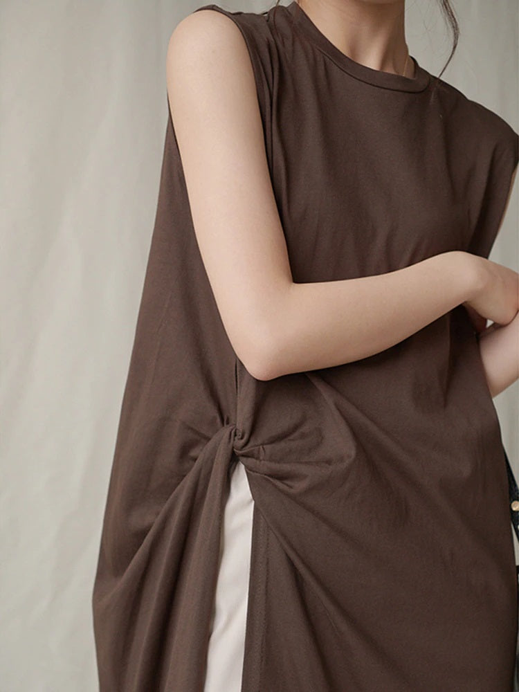 Sleeveless Long Crew Neck Tee w/ Side Slit and Knot Detail in Coffee