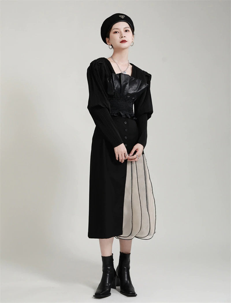 High Waist Skirt with Dual Body Half Black A-line & half Chiffon Pleated in Black