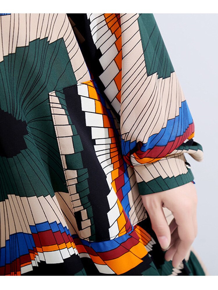 Multi Print Pattern Long Sleeve & Belted Waist Long Skirt Dress in Green