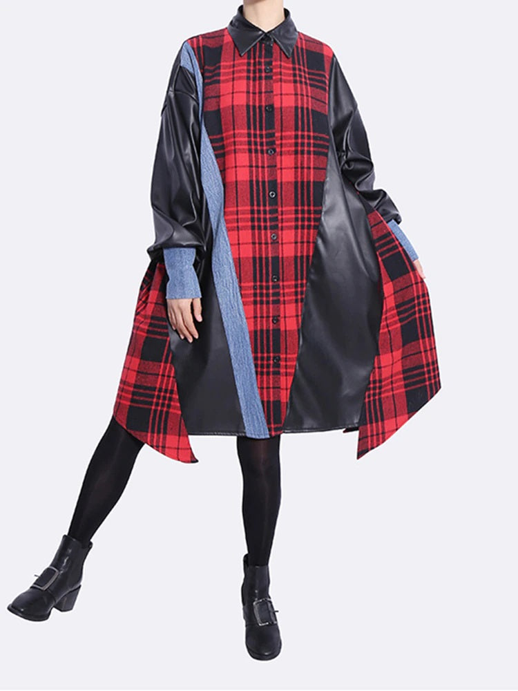 Plaid Leather Long Sleeve Shirt Dress with A-line Fit in Red