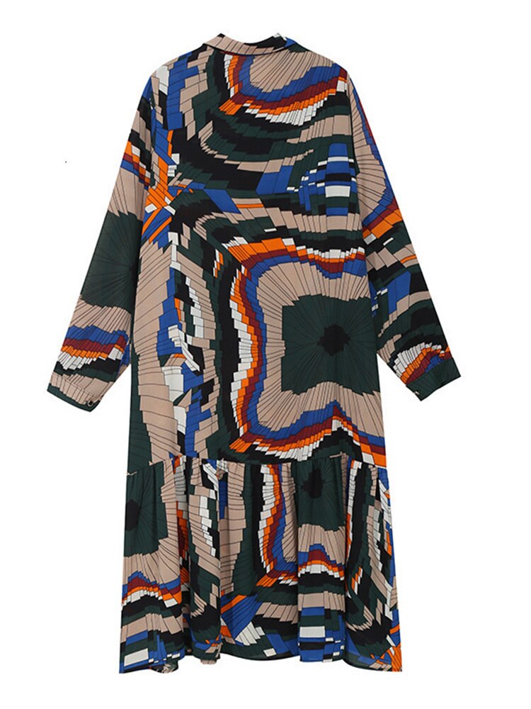 Multi Print Pattern Long Sleeve & Belted Waist Long Skirt Dress in Green