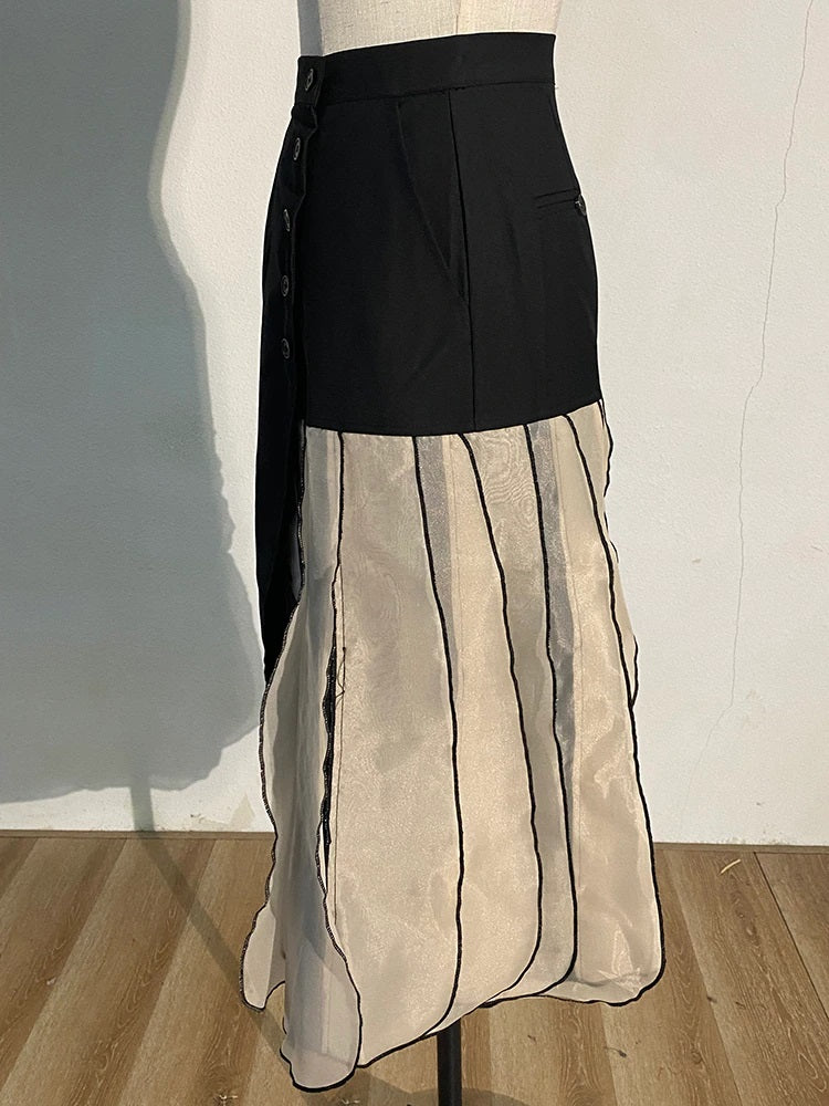 High Waist Skirt with Dual Body Half Black A-line & half Chiffon Pleated in Black