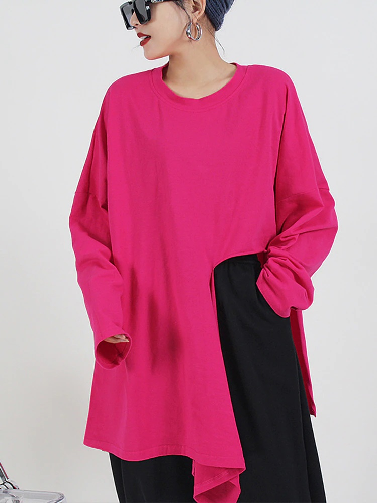Long Sleeve Tee with Side Cut-Out Round Neck in Rose