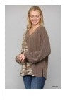 Two Tone Knit and Camo Print V-Neck Top by Vanilla