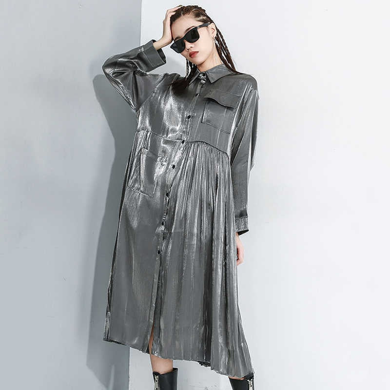 Long Sleeve Pleated Split Dress Long Hem Button Front in Pewter