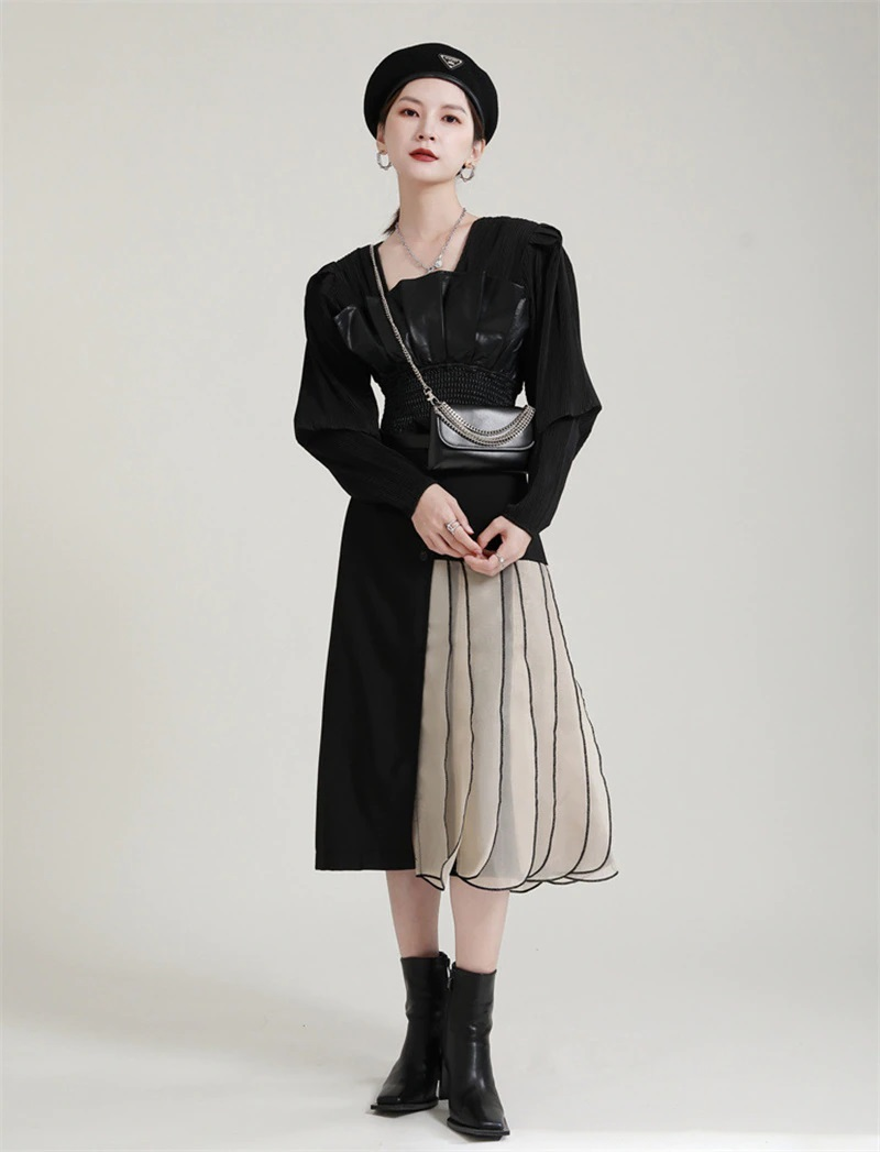 High Waist Skirt with Dual Body Half Black A-line & half Chiffon Pleated in Black
