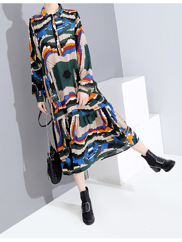 Multi Print Pattern Long Sleeve & Belted Waist Long Skirt Dress in Green