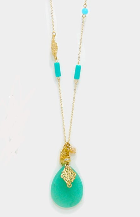 Semi Precious Stone Pendant Bead & Metal Leaf Station Long Necklace