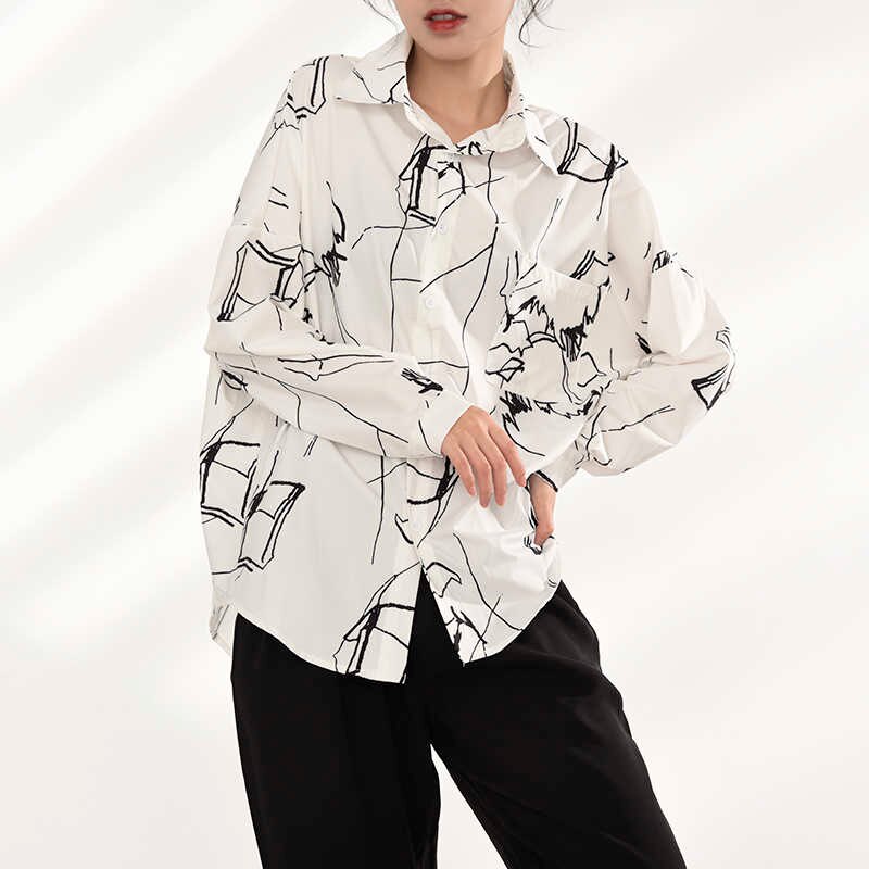 White & Black Abstract Pattern Oversized Button Down Shirt