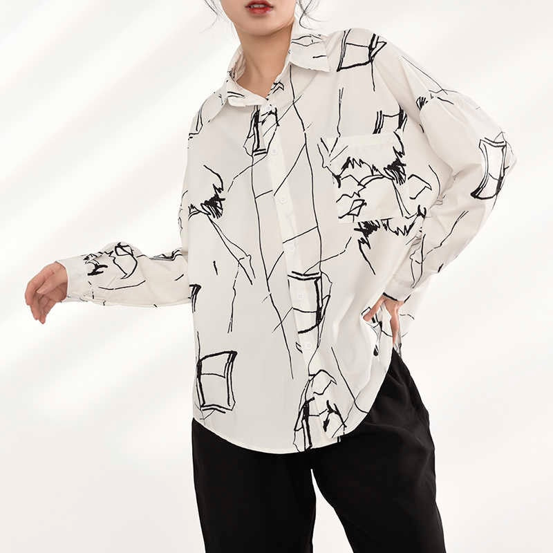 White & Black Abstract Pattern Oversized Button Down Shirt