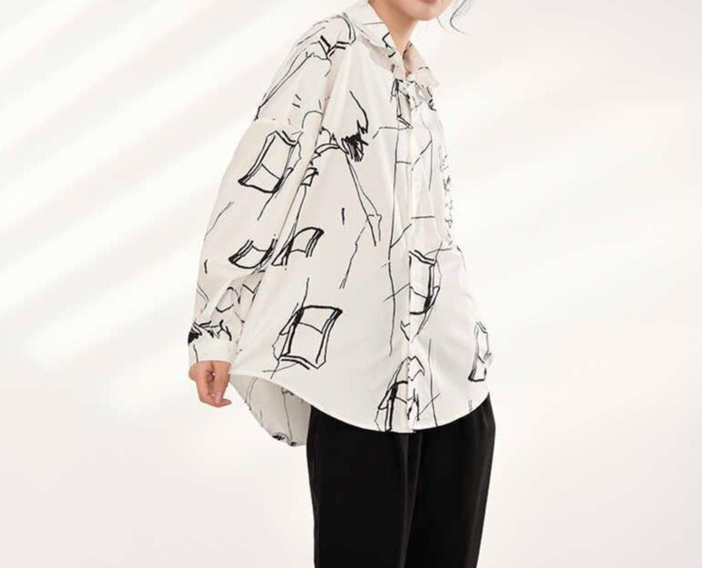 White & Black Abstract Pattern Oversized Button Down Shirt
