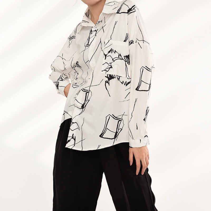White & Black Abstract Pattern Oversized Button Down Shirt