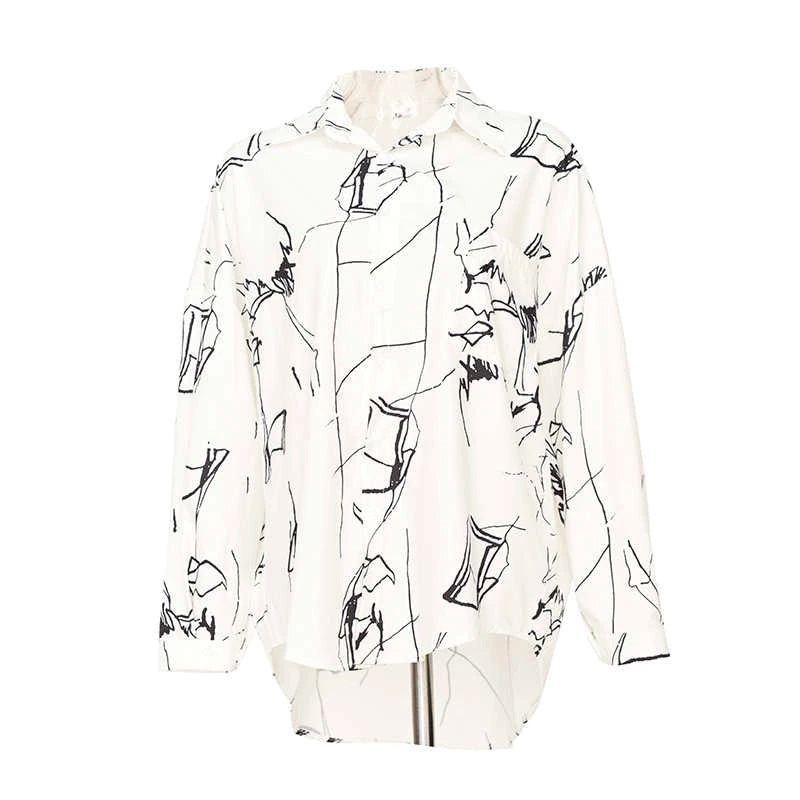 White & Black Abstract Pattern Oversized Button Down Shirt