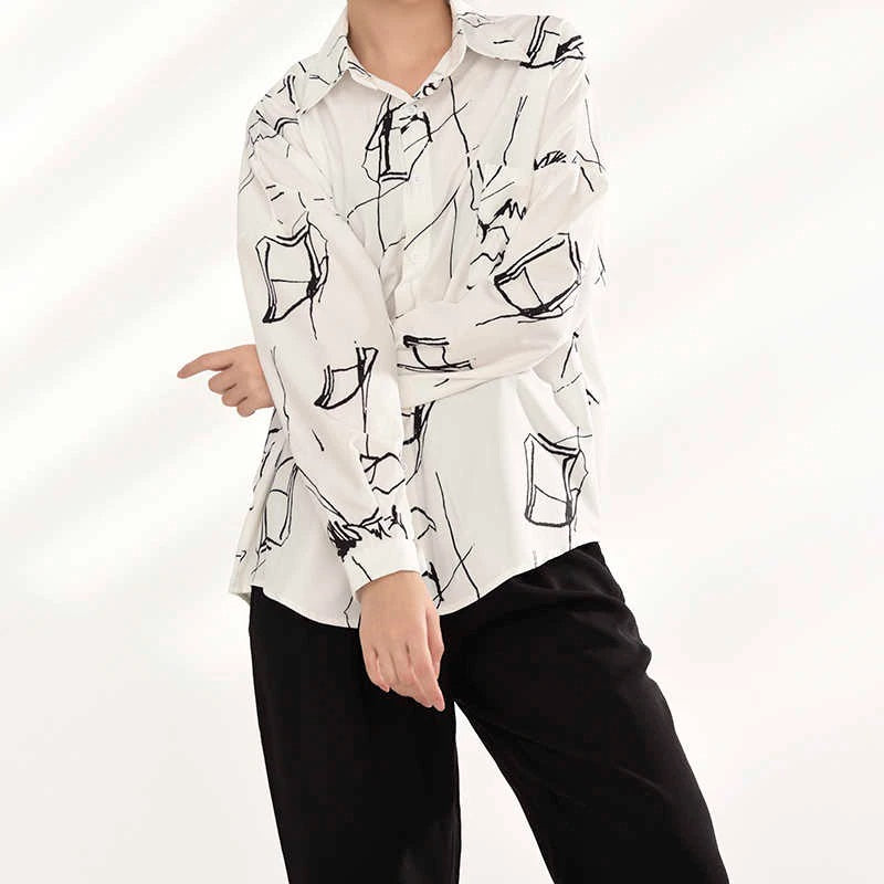 White & Black Abstract Pattern Oversized Button Down Shirt