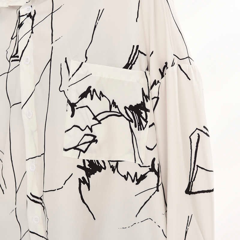White & Black Abstract Pattern Oversized Button Down Shirt