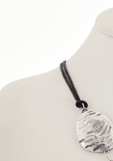 Silver Tone Geometric Brown Leatherette Metal Disk Graduated Multi Strand Necklace