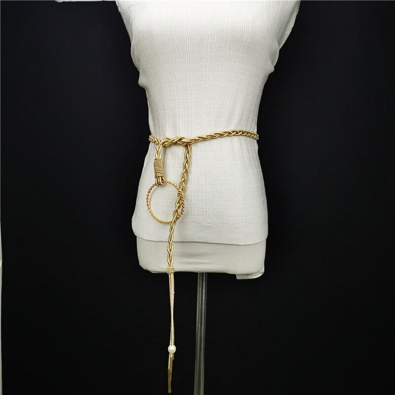Gold Cord Women’s Fashion Belt with Braided Design and Faux Pearl Accents