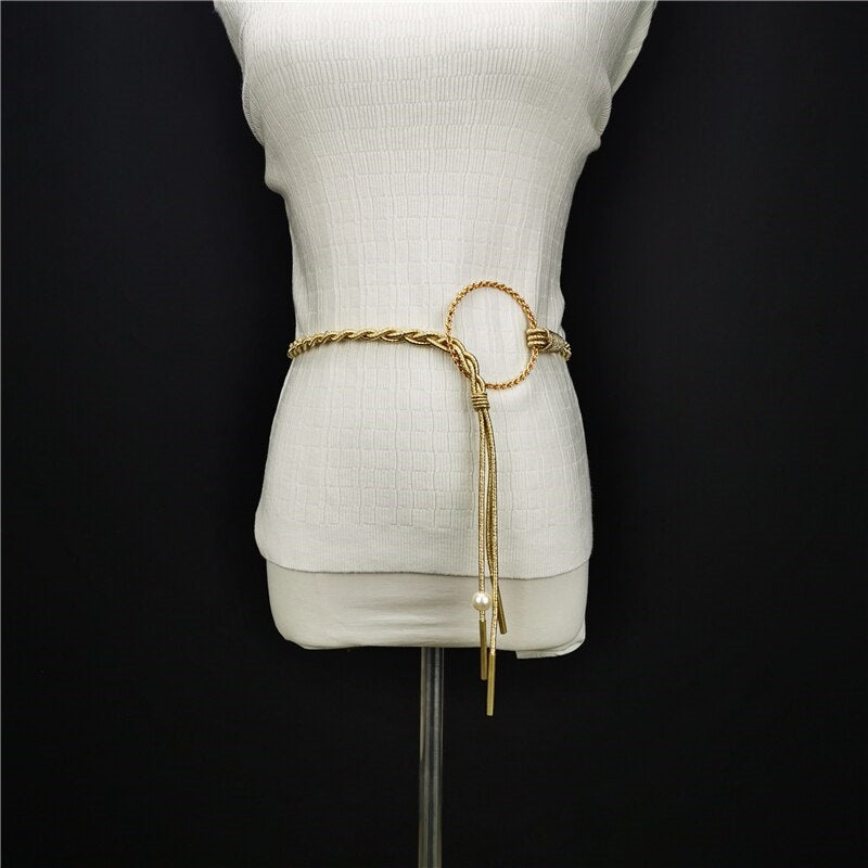 Gold Cord Women’s Fashion Belt with Braided Design and Faux Pearl Accents