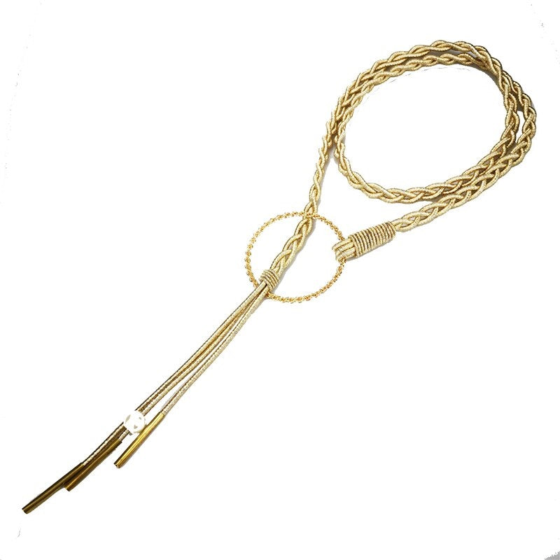 Gold Cord Women’s Fashion Belt with Braided Design and Faux Pearl Accents