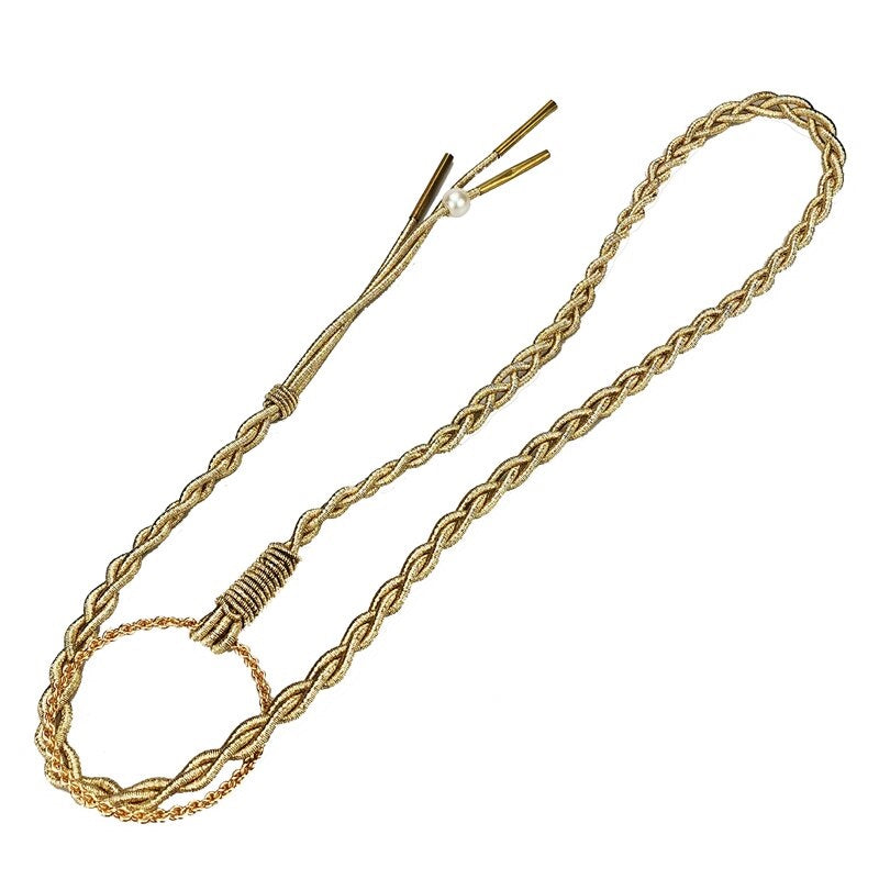 Gold Cord Women’s Fashion Belt with Braided Design and Faux Pearl Accents