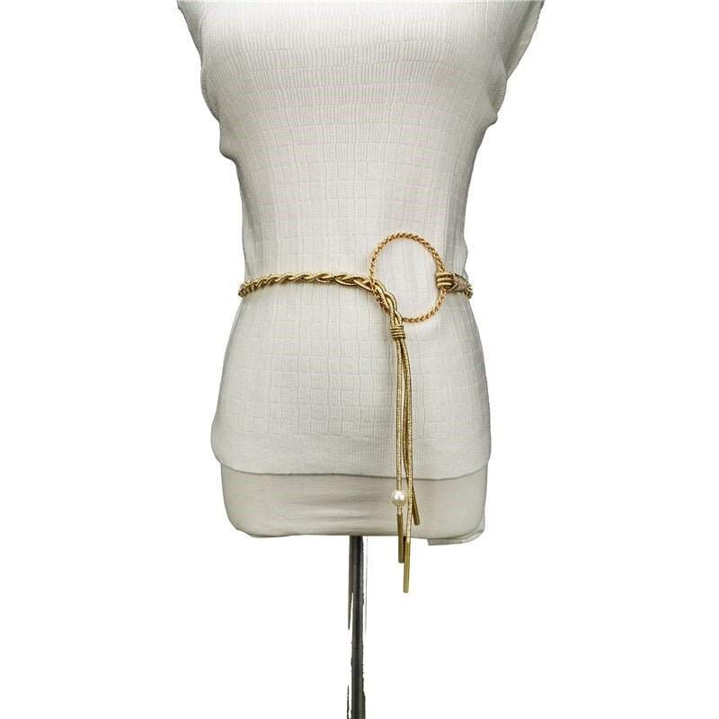 Gold Cord Women’s Fashion Belt with Braided Design and Faux Pearl Accents