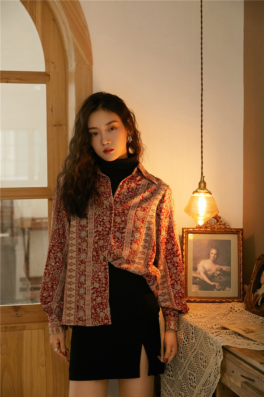Vintage Long Sleeve Red Floral Stripe Blouse with Lantern Sleeves