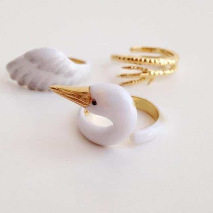 Enameled Animal Rings 3 Piece Set Crane
