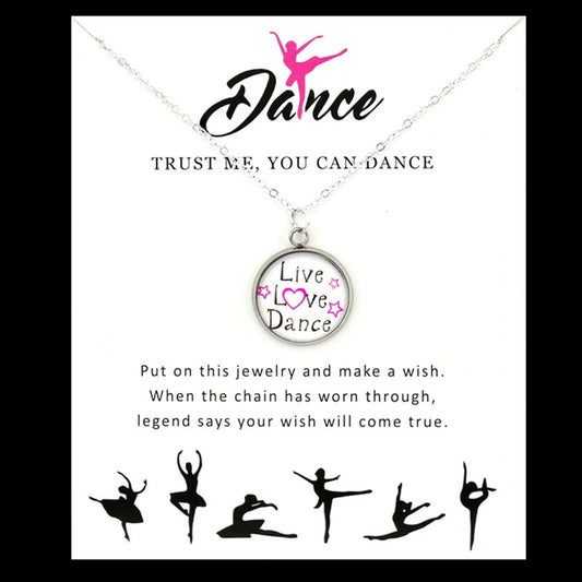 Girls "Live Love Dance" Glass Cabochon Pendant Fashion Necklace Silver Tone