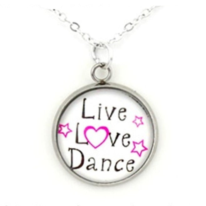 Girls "Live Love Dance" Glass Cabochon Pendant Fashion Necklace Silver Tone