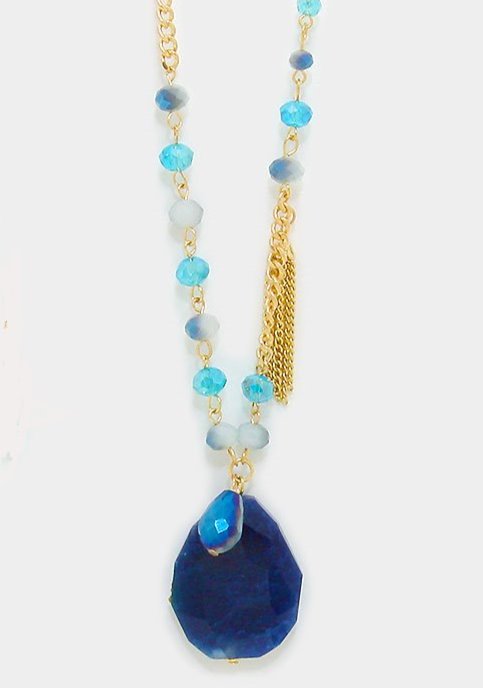 Semi Precious Stone Pendant & Metal Chain Tassel Drop Beaded Long Necklace