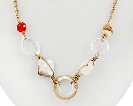 Matte Two Tone Metal with Stone and Shell Abstract Necklace & Earring Set