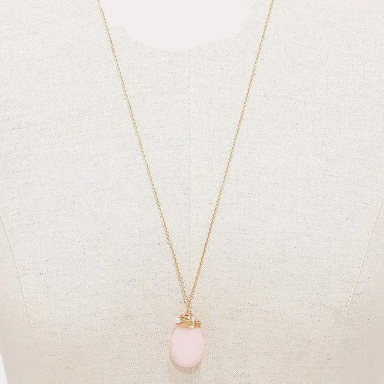 Natural Stone Droplet Pendant Long Necklace Rose Quartz