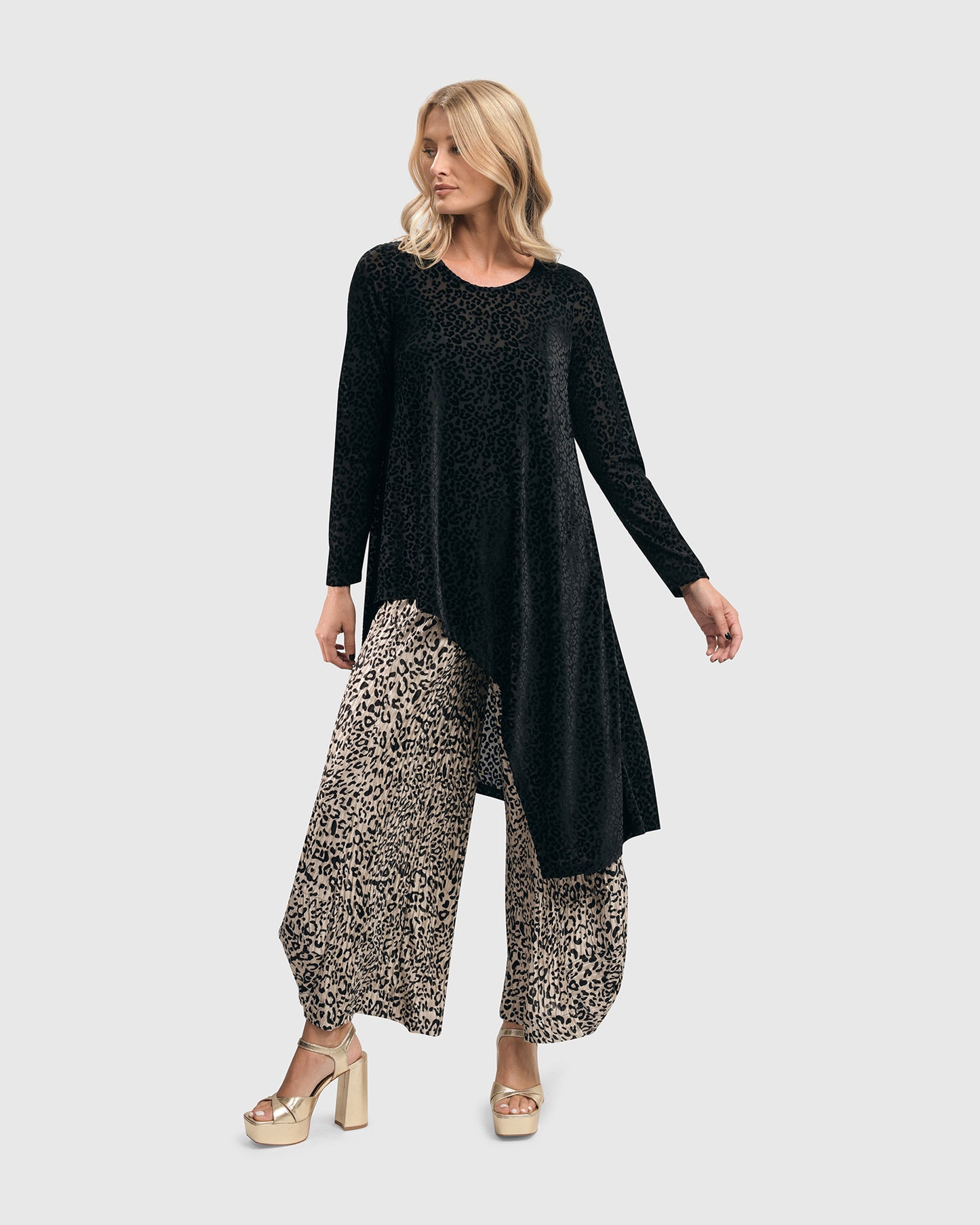 Leopard Velvet Hi-Lo Tunic Top, Black by Alembika