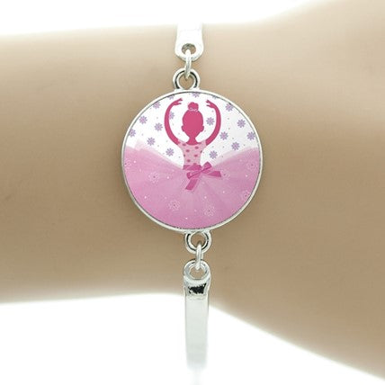 Girls "Little Ballerina" Glass Cabochon Bangle Fashion Bracelet Silver Tone