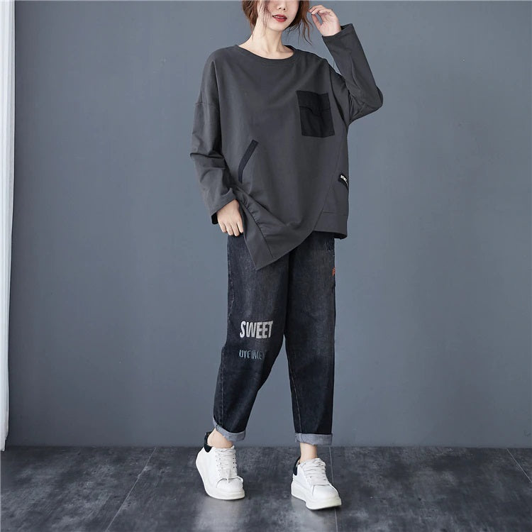 Casual Patchwork Accent with Zipper Pocket Top Color Gray