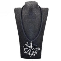 Recycled Rubber and Silicone Peacock Pendant Long Necklace Silver Cord and Black