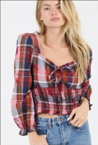 Plaid Top with Bleach Effect and Smocked Waist