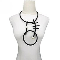 Recycled Rubber and Silicone Geometric Pearl Statement Pendant Necklace Black