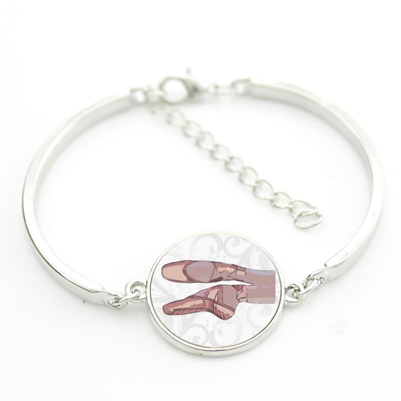 Girls "Ballet Slippers" Glass Cabochon Bangle Fashion Bracelet Silver Tone