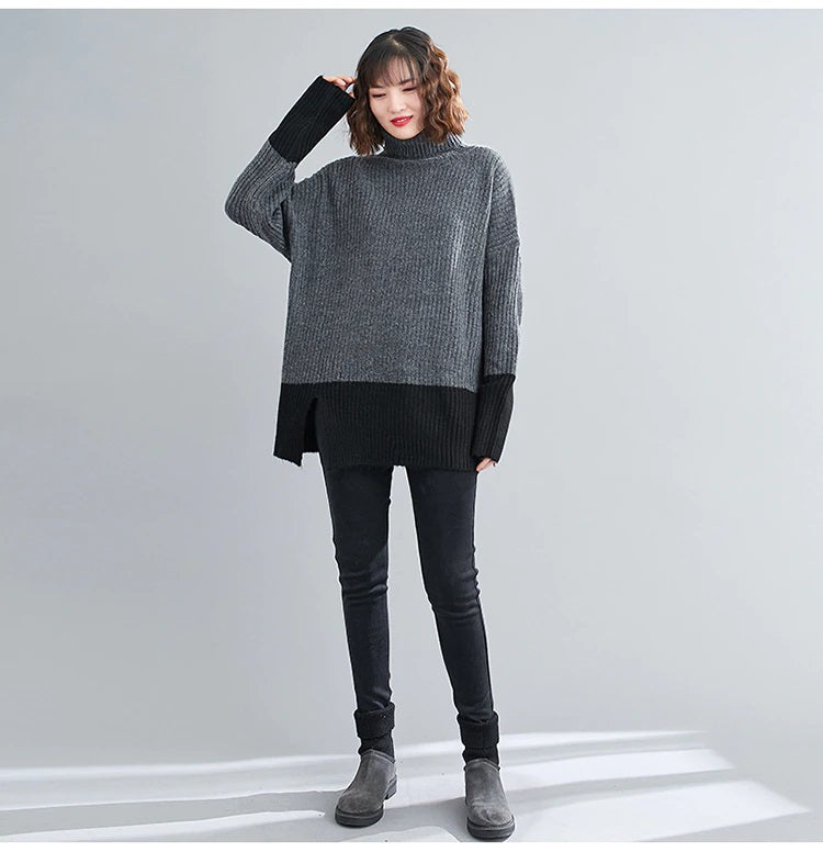 Turtleneck Sweater Knit Two Tone Color Casual Sweater Oversized Gray/Black