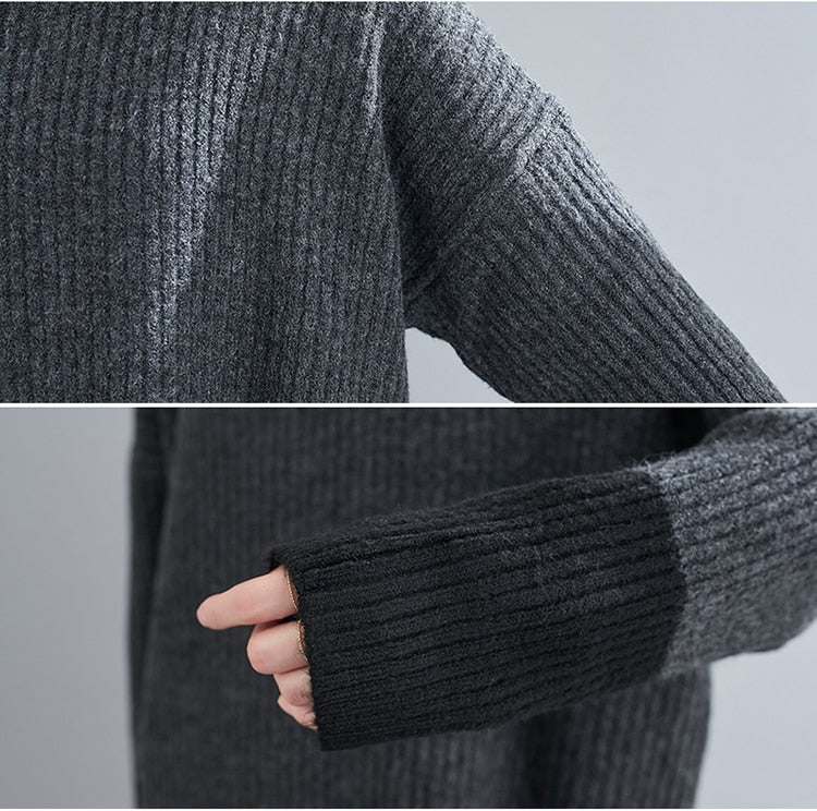 Turtleneck Sweater Knit Two Tone Color Style Autumn Sweater Oversized Charcoal/Black