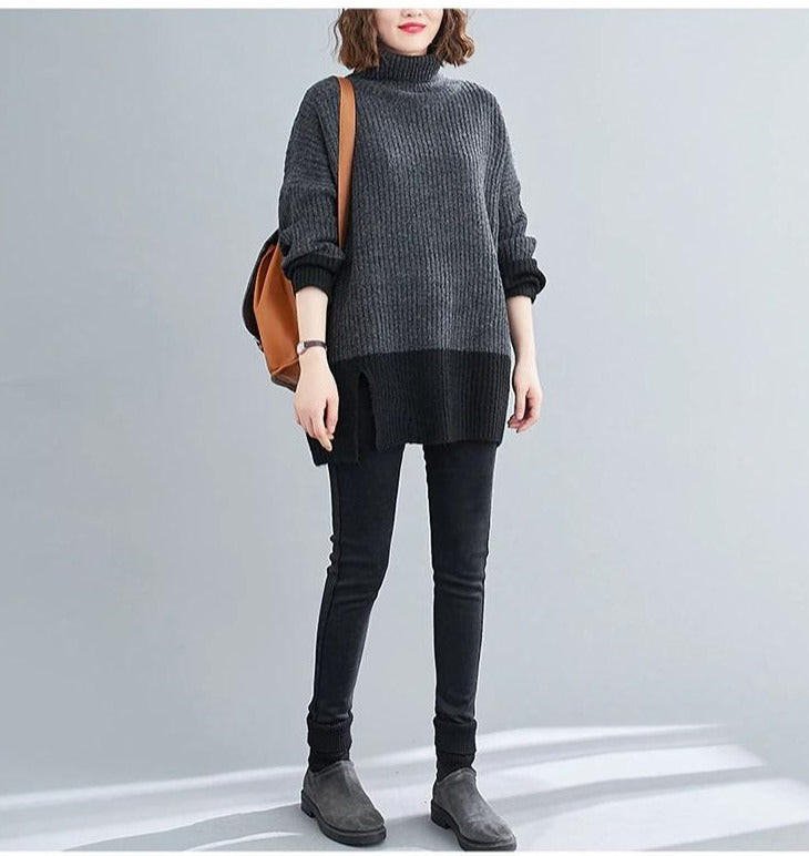 Turtleneck Sweater Knit Two Tone Color Style Autumn Sweater Oversized Charcoal/Black