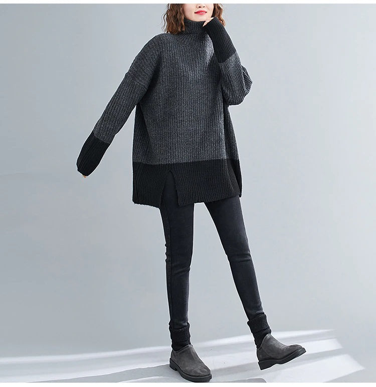 Turtleneck Sweater Knit Two Tone Color Style Autumn Sweater Oversized Charcoal/Black
