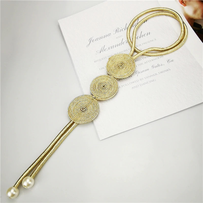 Triple Coil Gold Pendant Long Necklace With Long Tassel and Faux Pearls