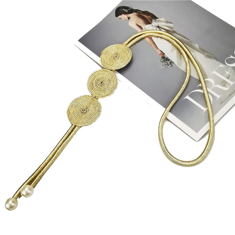Triple Coil Gold Pendant Long Necklace With Long Tassel and Faux Pearls
