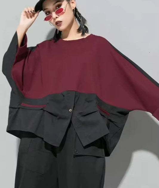 Two-Tone Burgundy &amp; Black Asymmetrical Top Round Collar Long Sleeved Button Detail