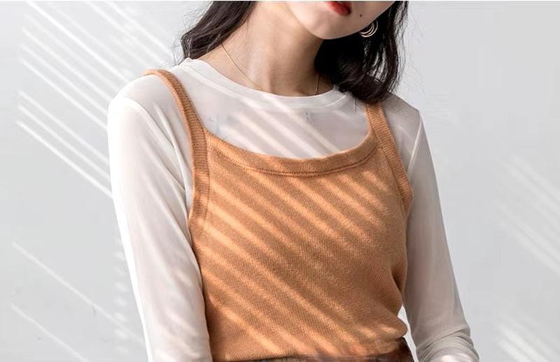 Mesh Shell Top Long Sleeves Round Neck Collar